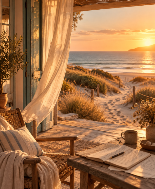 Vista de una cabaña junto a la playa al atardecer, con luz cálida iluminando un espacio interior acogedor que incluye una silla de mimbre, una mesa con un cuaderno y una taza. El mar y una playa se ven al fondo.